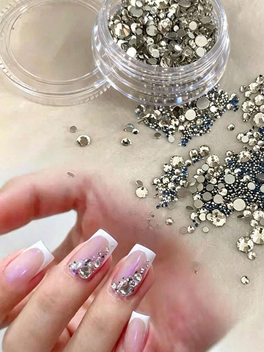 1/2 Box Fall, Autumn, Fall Nails Luxury Style Nail Art Rhinestone Set, Mixed Sizes Silver Round Flat Back Crystals, Sparkling And Clear, Suitable For Nail Salon Decoration - Multicolor - View 1