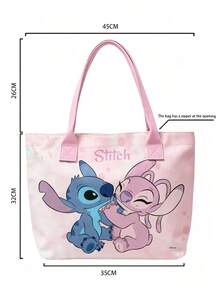 Miniso Disney Stitch & Angel Pink Tie-Dye Canvas Tote Bag, Casual Shoulder Bag With Handle, Suitable For Daily Use - Pink - View 6