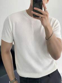 1pc Men's Round Neck Short Sleeve T-Shirt, Small Pineapple Print Short Sleeve Knit Top, Lightweight For Spring/Summer Casual Commute Wear - White - View 2