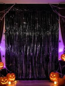 8/4/2/1pc Black Photo Backdrop Party Streamers, For Halloween, Birthday Party, Black Metallic Foil Fringe Curtain, Party Decorations, Wedding Decorations, Christmas Decorations - Black - View 5