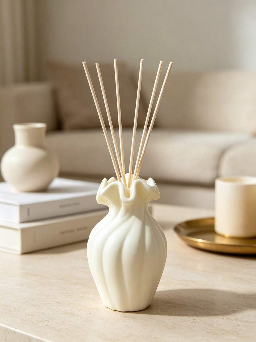 1pc Cream Ruffled Aromatherapy Vase, Decorative Vine Aromatherapy Bottle Holder, Matte Cream Wavy Edge Vase, Suitable For Bathroom Vanity Shelf, Minimalist Home Fragrance Decor - Multicolor - View 1
