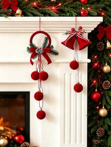 Christmas Red Cute Exquisite Bell Nordic Style Flocked Bow Hanging Ornament, Christmas Window Hanging Decoration - Red - View 5