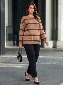 Plus Size Fashion Women's Striped Long Sleeve Regular Fit Sweater, Autumn Vintage Style First Choice - Camel - View 4