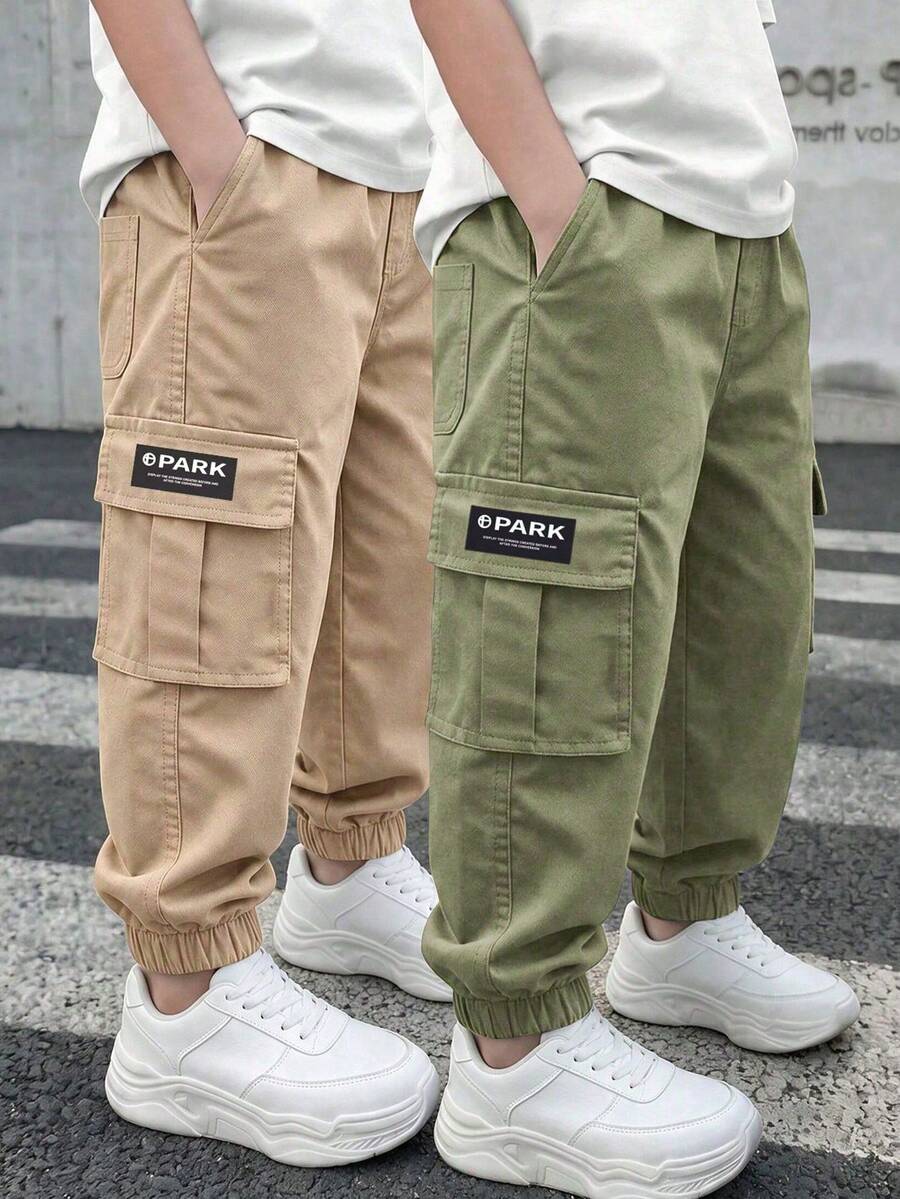 2pcs Boys Fashion Minimalist Sporty Versatile Multi-Pocket Cargo Pants - Multicolor - View 1