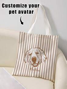 1Pc Custom Pet Photo Multi-Stripe Canvas Reusable Tote Bag, Large Lightweight Stylish Carryall For School Party Daily Shopping,Perfect Gift - Multicolor - View 8