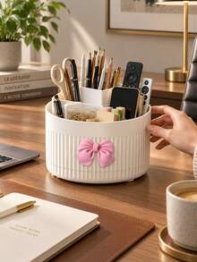 Desktop 360 Degree Rotating Multifunctional Storage Box With Bow Decoration, Pen Holder For Cosmetics, Makeup Brushes, Eyebrow Pencils, Desk Organizer With 5 Compartments - Multi-Functional Pencil, Marker, Scissors And Stationery Storage Rack, Suitable For Office, Vanity, Dorm, Classroom, Christmas Gift, Birthday Gift, Holiday Essential, Home - Multicolor - View 1