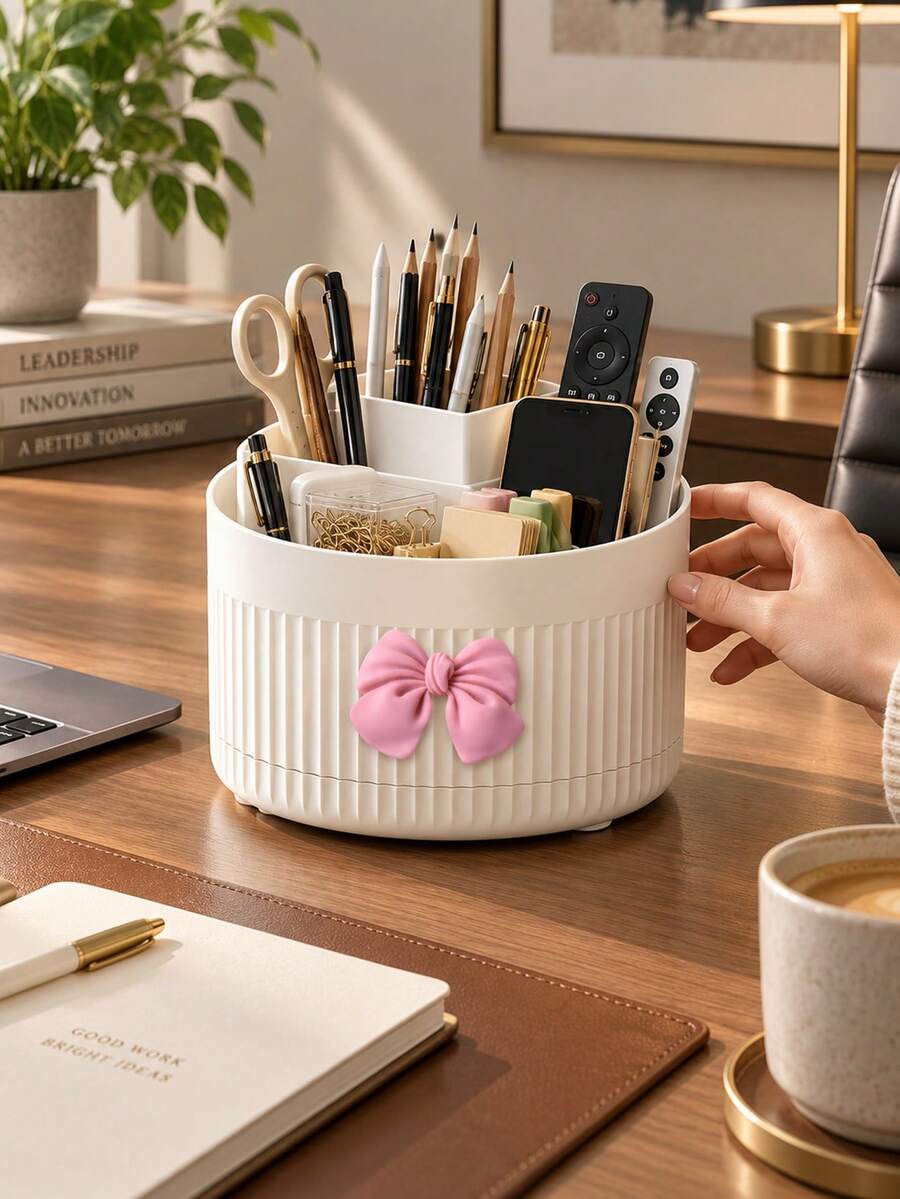 Desktop 360 Degree Rotating Multifunctional Storage Box With Bow Decoration, Pen Holder For Cosmetics, Makeup Brushes, Eyebrow Pencils, Desk Organizer With 5 Compartments - Multi-Functional Pencil, Marker, Scissors And Stationery Storage Rack, Suitable For Office, Vanity, Dorm, Classroom, Christmas Gift, Birthday Gift, Holiday Essential, Home - Multicolor - View 1