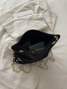 Minimalist Solid Color Handbag, Fashionable Versatile Studded Commuter Bag, Y2 Chain Flap Premium Leather Clutch, Underarm Bag, Handbag. Large Capacity Design, Suitable For Daily Outings And Workplace Outfits. - Black - View 9