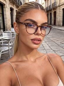 1 Pair Women's Square Round Frame Glasses With Rivet Decor, Leopard Print Color, Clear Lens, Suitable For All Face Shapes, Daily Office, Street Photography, Transparent Eyewear Accessory - Leopard Print - View 3