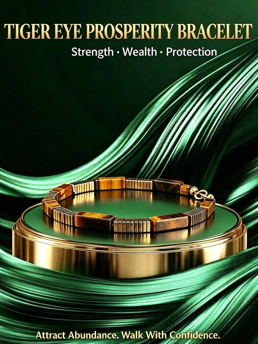 Men's Tiger Eye And Hematite Bracelet – Warm Desert Style – Handmade - Yellow Gold - View 1