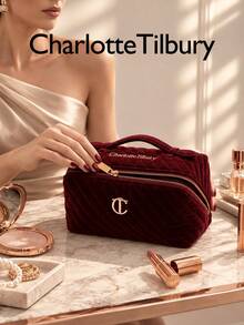 Charlotte Tilbury L Size 20*11*11cm Portable Travel Makeup Bag, Soft Velvet Quilted Cosmetic Storage Bag, Zipper Large Capacity Makeup Organizer, Suitable For Complete Makeup Set - Burgundy - View 6