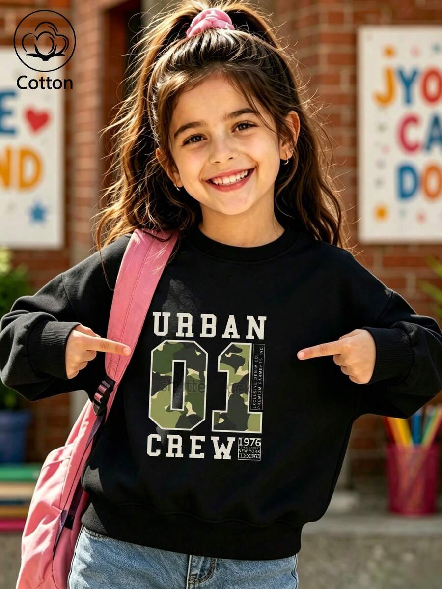 Girls' Cute Printed Drop-Shoulder Round-Neck Long-Sleeve Casual Sports Sweatshirt - Black - View 1