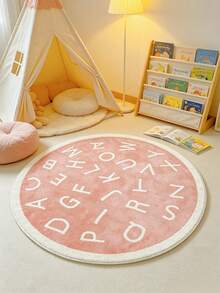 1pc Pink Faux Cashmere Round Decorative Rug Letter Area Carpet Non-Slip Living Room Bedroom Kids Play Mat Nursery Decor Soft Educational Carpet Classroom Rug Suitable For Play - Pink - View 1