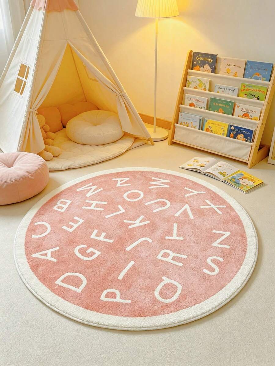 1pc Pink Faux Cashmere Round Decorative Rug Letter Area Carpet Non-Slip Living Room Bedroom Kids Play Mat Nursery Decor Soft Educational Carpet Classroom Rug Suitable For Play - Pink - View 1