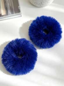 2pcs Set Basic Minimalist Autumn/Winter Preppy Style Commute Faux Fur Scrunchies Hair Accessories - Royal Blue - View 19