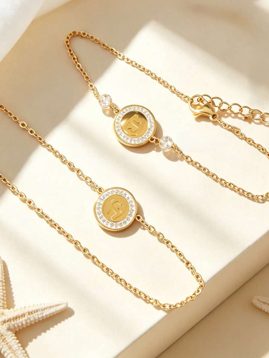 Fashion Rhinestone Stainless Steel Necklace & Bracelet 2pcs Set, Minimalist Commuter Women's Jewelry Set - Gold - View 1