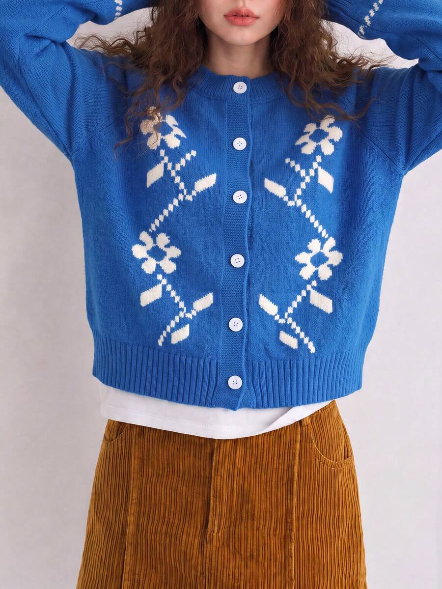 Women's Vintage Blue Knit Cardigan, White Floral Pattern, Round Neck Long Sleeve Button Sweater, Regular Fit Winter Coat - Blue - View 1