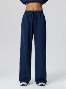 Women's Waffle Knit Drawstring Sweatpants, High Waist Loose Wide Leg With Pockets Long Pants, Autumn Casual Fitness Training Pants - Blue - View 8