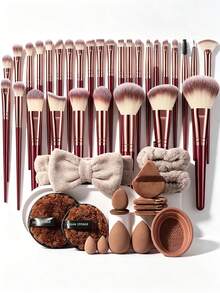 46 Pcs Total Beauty Supply Set, 30 Pcs Wine Red Makeup Brushes And 16 Pcs Makeup Accessories. Smooth Bristles Blend Foundation Seamlessly, Complete Kit Works Great For Beginners And Holiday Gifting - Multicolor - View 1