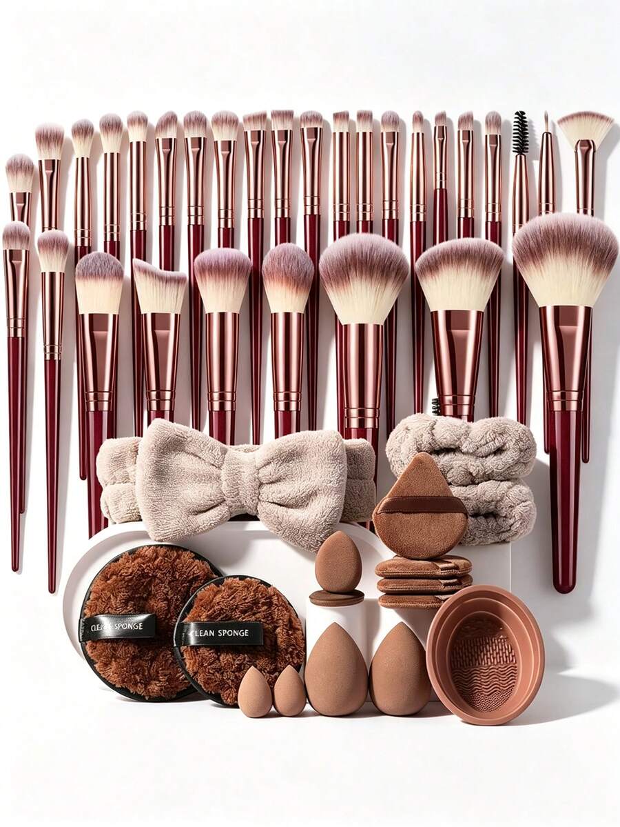46 Pcs Total Beauty Supply Set, 30 Pcs Wine Red Makeup Brushes And 16 Pcs Makeup Accessories. Smooth Bristles Blend Foundation Seamlessly, Complete Kit Works Great For Beginners And Holiday Gifting - Multicolor - View 1