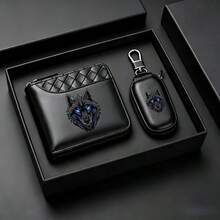 2pcs Men's Blue-Eyed Wolf Head Wallet Set With Twisted Pattern & Car Key Ring, Black -Embossed Faux Leather, Gift For Dad - Multicolor - View 1
