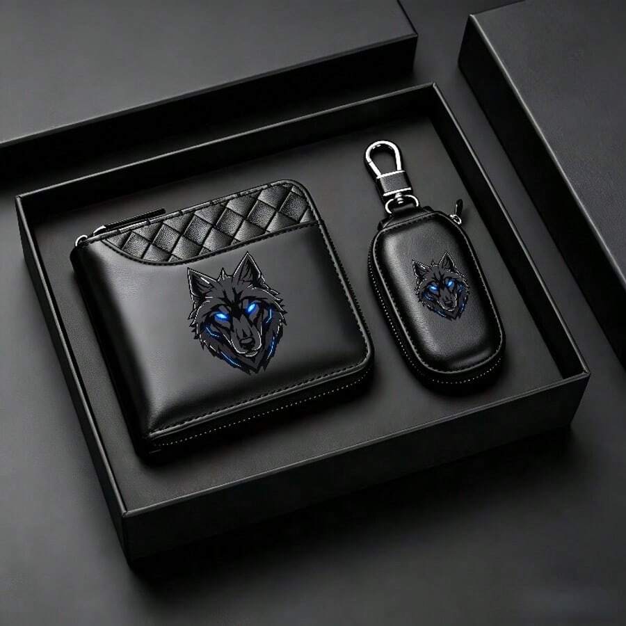 2pcs Men's Blue-Eyed Wolf Head Wallet Set With Twisted Pattern & Car Key Ring, Black -Embossed Faux Leather, Gift For Dad - Multicolor - View 1