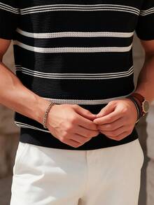 Men's Striped Casual Fashion Versatile Knit Short Sleeve Crew Neck Top - Black - View 3