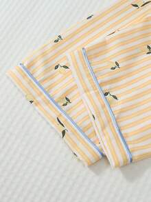 2pcs Set Autumn/Winter Yellow & White Striped Lemon Print Long Sleeve Collared Top And Bowknot Pants Women's Pajamas Loungewear - Yellow - View 6
