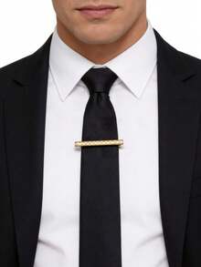 Men Cufflinks & Tie Clip Set, Square Checker Engraved Detail, Business Formal, Alloy Shirt Cuff Links Necktie Bar, All Season Groom Accessory - Gold - View 6