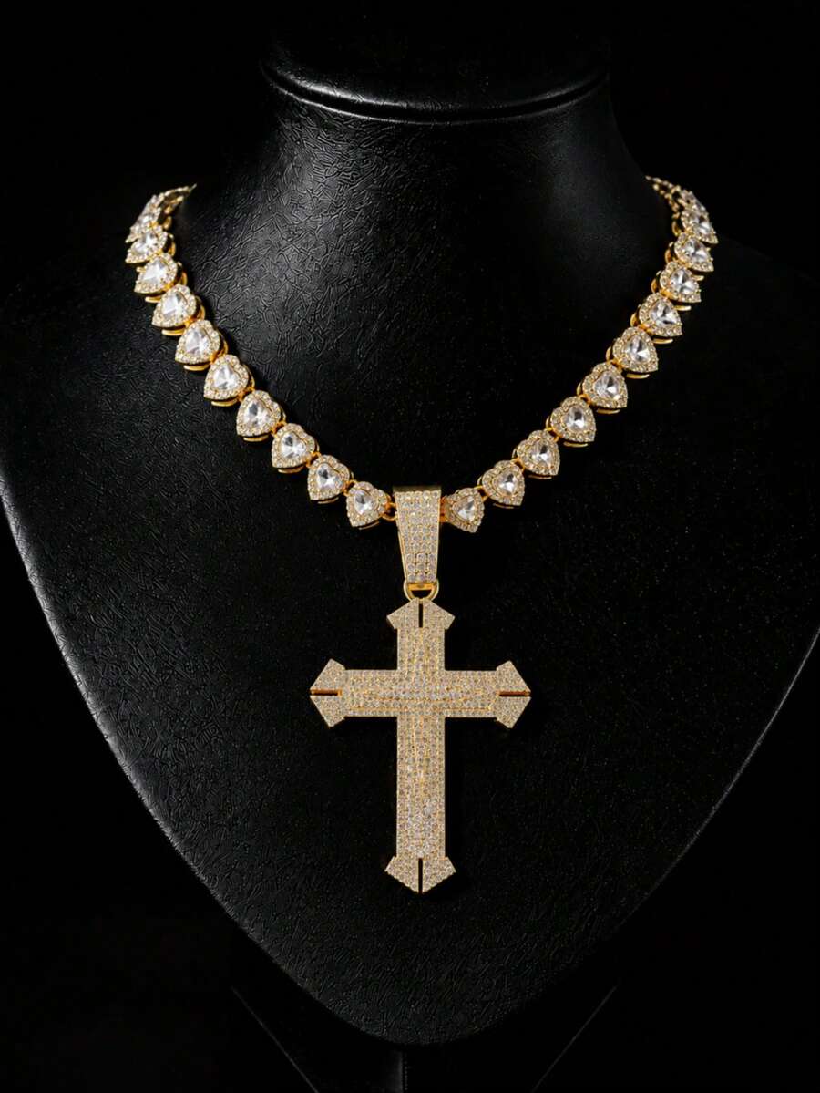 European And American Hip Hop Full Rhinestone Cross Pendant Necklace, Heart-Shaped Rhinestone Chain Men's Cool Accessory, Street Style Personalized Jewelry Gift - Cross Pendant Necklace - View 1