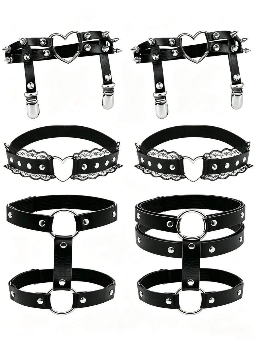 Punk Gothic Leather Thigh Garter Leg Chain Black PU Leather Thigh Strap Club Halloween Chain Accessory Women's Elastic Adjustable Leg Band - Black - View 1