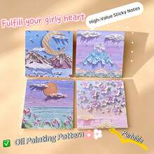 Ins Style 3D Brushstroke Oil Painting Sticky Notes, Home Desk Decor, Romantic Mountain & Flower Landscape Memo Pads, 1 Set Of 4 Designs, Suitable For Journal Decoration - Multicolor - View 3