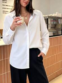 Women's Solid White Shirt, Collared Long Sleeve Button Front Blouse For Business, Office, Commute, Home, Holiday, Spring Fall Winter - White - View 11
