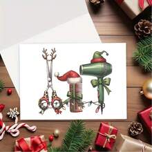 1PC Exquisite Christmas Greeting Card, Hairdressing Tools Pattern, Featuring Hair Dryer Comb And Scissors Decorated With Festive Elements, Suitable For Hair Stylists, Illustrated Christmas Greeting Card (12cm/4.7inx17cm/6.7in) - Multicolor - View 4