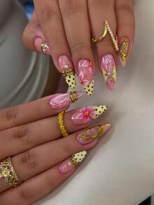 Fall Elegant And Luxurious Wedding 10‑Piece Handmade Nails Manicure Almond Shaped 3D Gelx Nails Brown Polka Dots Pale Yellow French Style Lace Pattern Design Gold Stripes Embellished With Pearls Portable Set Of False Nails - Multicolor - View 10