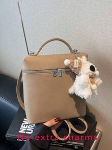 Handbag With Lychee Texture And Silver Metal Hardware Decoration, Dual-Use Hand-Carry And Crossbody, Zipper Closure, Minimalist Commuter Style, Box Handbag, Suitable For Urban Women's Work Commute And Short Trips, Square Structured Shape, Can Store Cosmetics, Phone And Other Personal Items. - Khaki - View 6