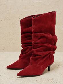 French Slouchy Burgundy Slouch Mid-Calf Boots For Women, Vintage Pointed Toe With Exquisite Thin Kitten Heel Ruched Boots, Unique Pants-Style Boots - Red - View 5