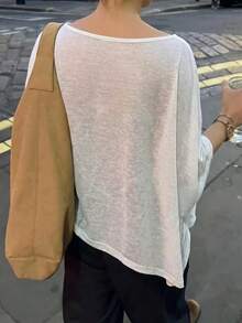 Women's Semi-Sheer Knit Boat Neck 3/4 Sleeve Top, Asymmetrical Hem, Loose Bohemian Style Pullover - White - View 9
