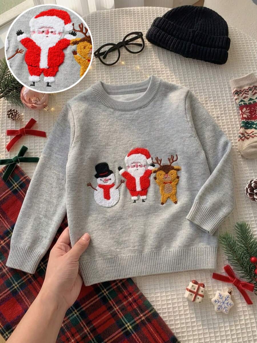 Boys' Christmas Santa Claus Embroidered Crew Neck Sweater, Long Sleeve Pullover For Autumn & Winter - Grey - View 1