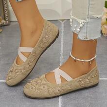 1 Pair Women Beaded Embroidery Decor Microfiber Non Slip Round Toe Crisscross Strap Flat Heel Bohemian Ballet Flats For Party Daily - Beige - View 7