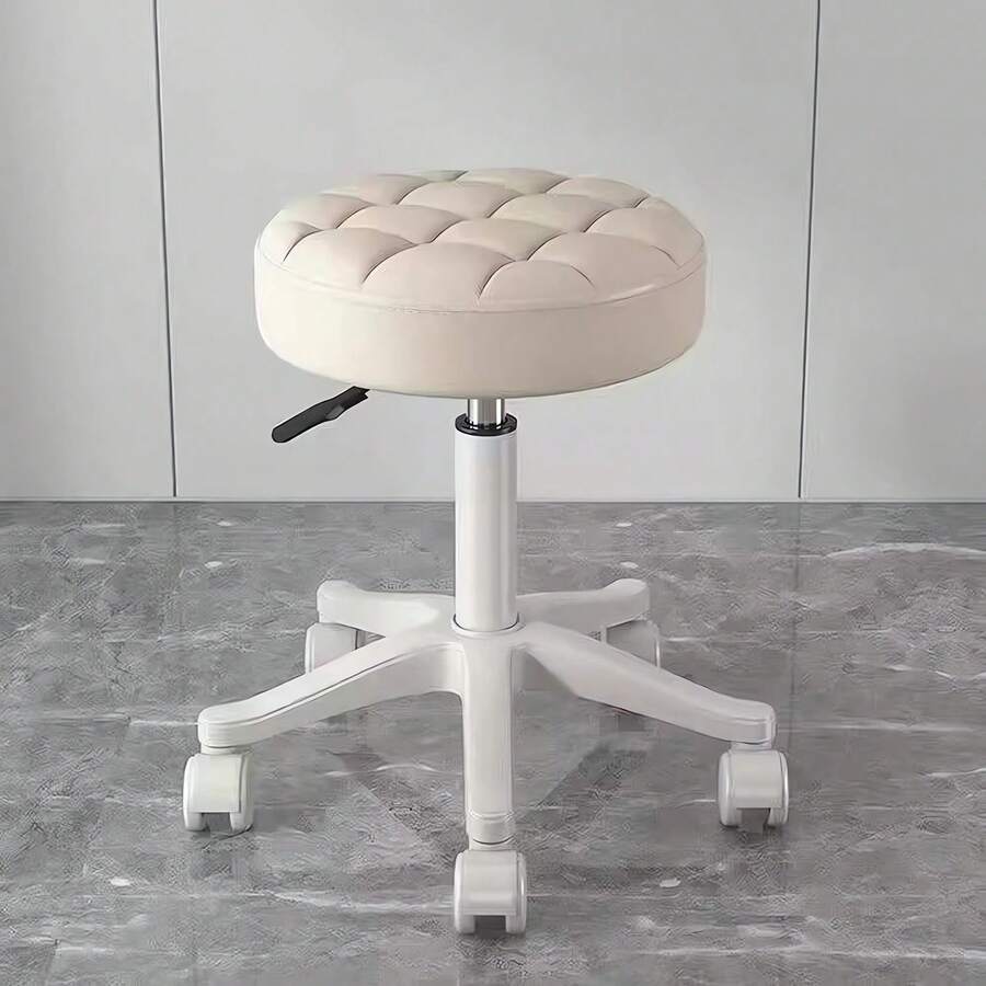 PU Leather Circular Rolling Stool With Adjustable Rotation Height For Home Office, Drawing Laboratory, Kitchen With Wheels, Massage Office Chair - White - View 1