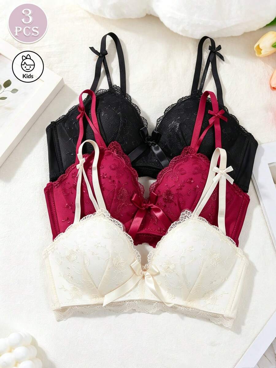 3Pcs Lace Bow Push Up Wireless Bra For Juniors, Multi-Color Comfortable Everyday Bra - Multicolor - View 1
