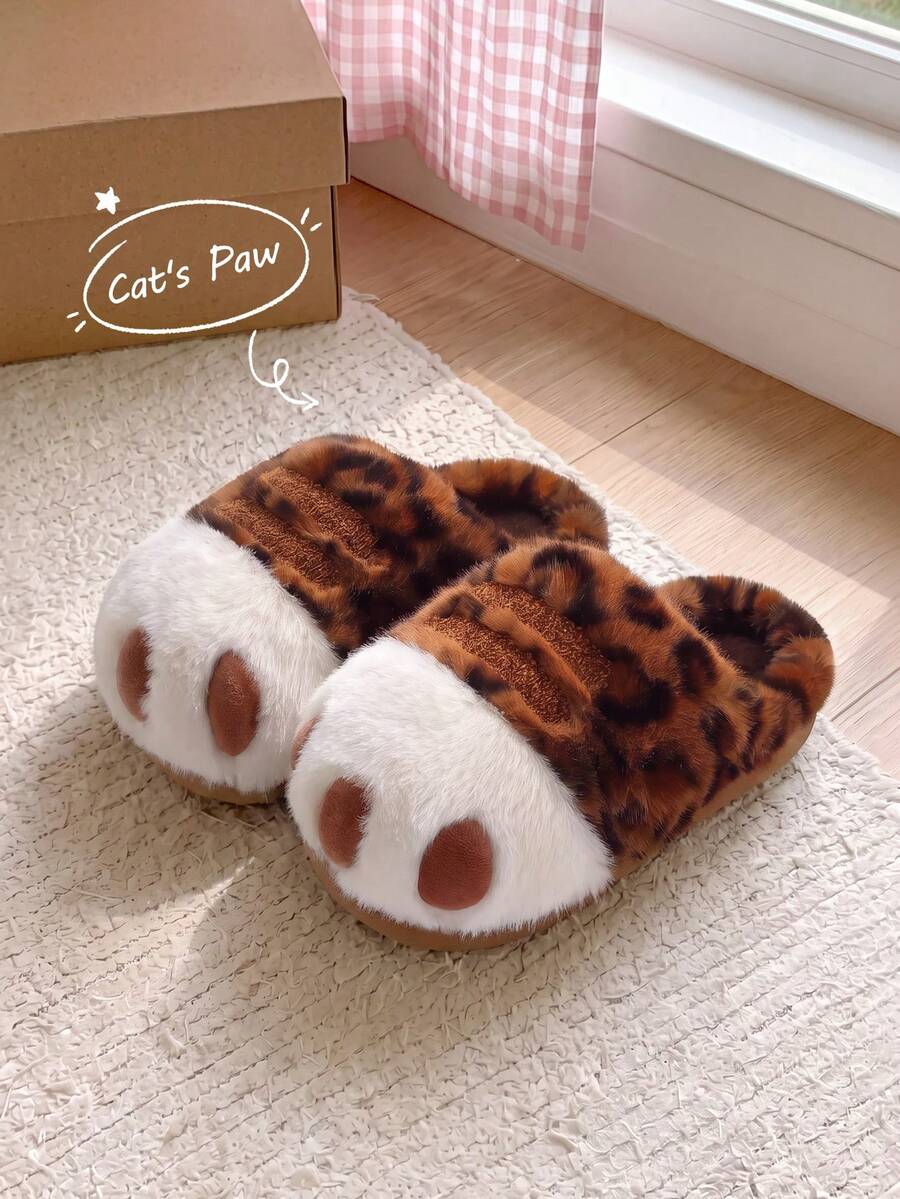 3D Cute Cartoon Cat Paw Design Couple Home Slippers, Unisex Winter Warm Bedroom Slip-On Thick Sole Plush Slippers