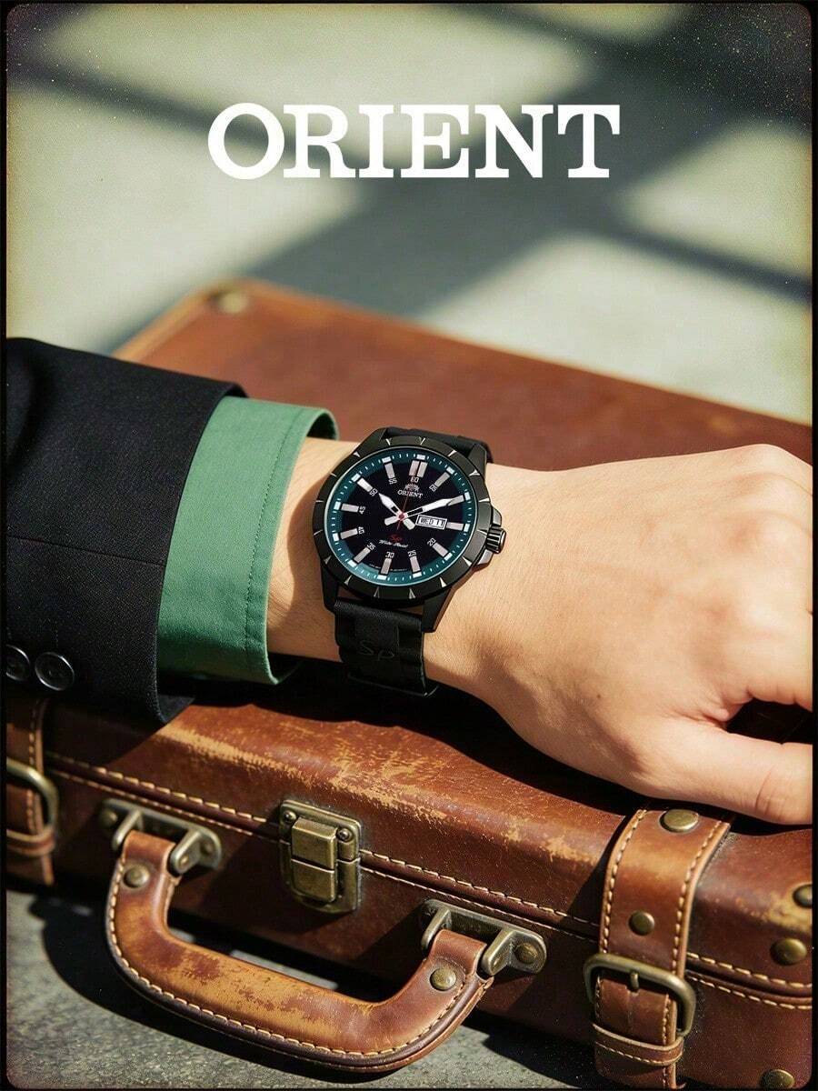 Men's ORIENT Quartz Watch, Matte Black Silicone Strap, Black Dial With Teal Inner Bezel Day Date Dual Display Water Resistant Outdoor Watch For Hiking - Black - View 1