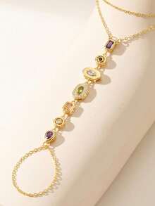 1pc Luxury Stainless Steel Micro-Inlaid Rhinestone Finger Chain Bracelet, Fashion Geometric Design, Perfect Gift, Suitable For Daily Wear - Yellow Gold - View 4