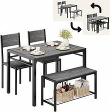 Juego de Comedor de 4 Piezas Lavado Gris 110.2x69.9x74.9 cm| Mesa de Cocina Rectangular con 2 Sillas y Banco Largo con Estante Inferior| Diseño Industrial de Metal Negro para Espacio Pequeño| Fácil de Armar - Gris Oscuro - Ver 8