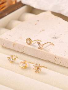 5PCS/Set Golden CZ L Nose Stud 20G Multiple Designs Flower Crown Round Rhinestone Nose Rings Dainty Piercing Jewelry - 5Pcs/ a Style - View 5