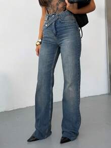 Women's High Waist Cross-Button Wide Leg Jeans - Blue - View 4