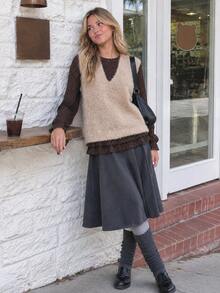 Women's Autumn/Winter Minimalist V-Neck Knit Sweater Vest Pullover Casual Versatile Top - Khaki - View 3