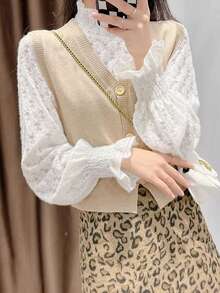Women's Brushed Lace Base Layer Top, Autumn/Winter Elegant Bell Sleeve Sweater Inner Layer, White High Neck Lace Blouse - White - View 2